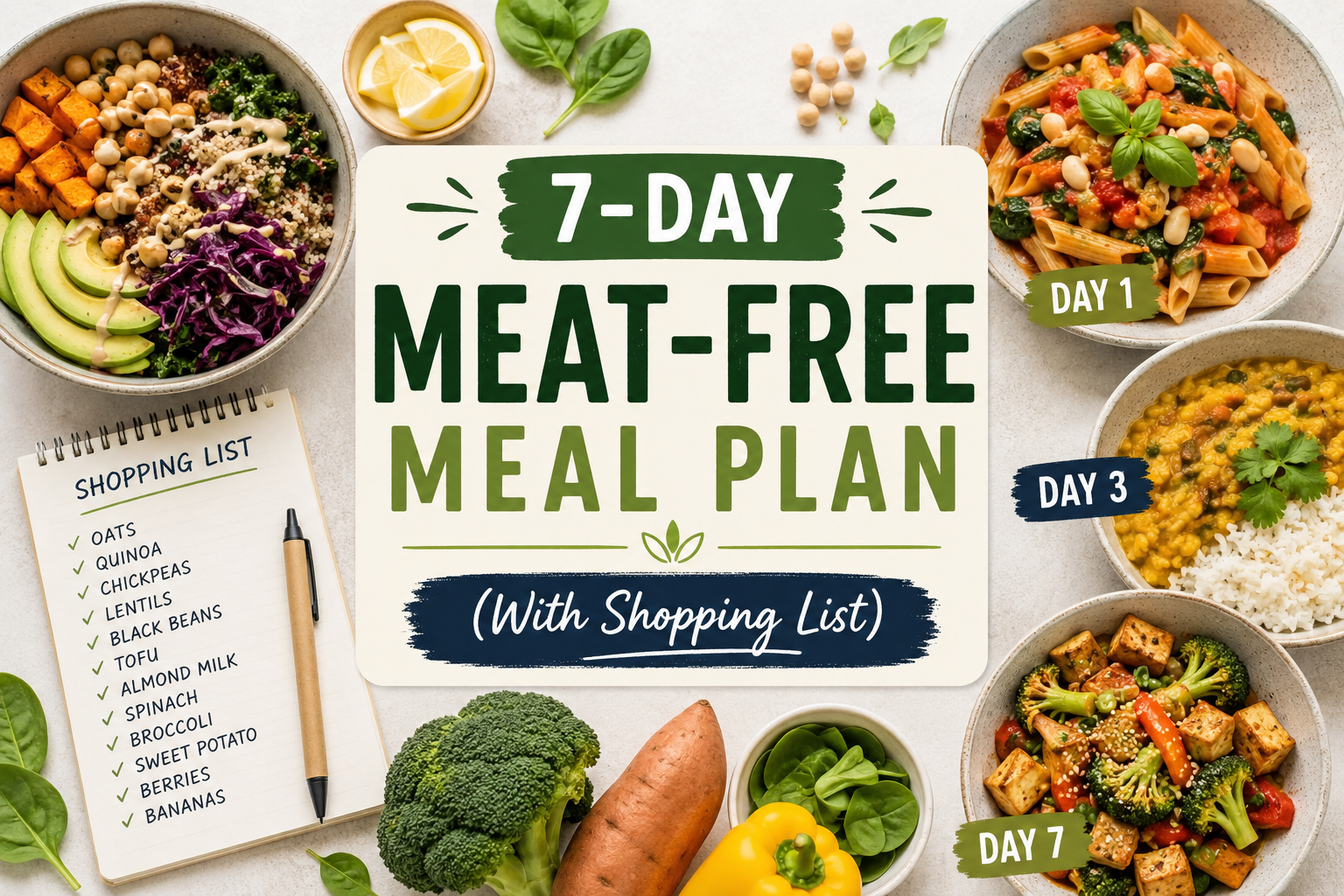 7-day meat-free meal planning board